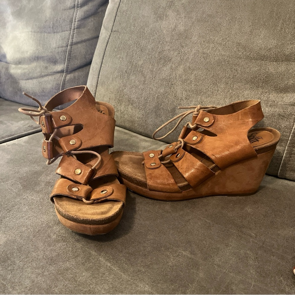 Sofft Brown Leather Lace-Up Wedge Sandals